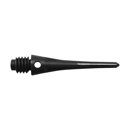 CO-00088_Condor_Tip_Zero-Stress_Softdartspitzen_Schwarz_2 Auf dem Bild ist eine schwarze Softdartspitze abgebildet. Die Spitze hat ein Gewinde und eine kleine Öffnung nahe dem Gewindebereich.