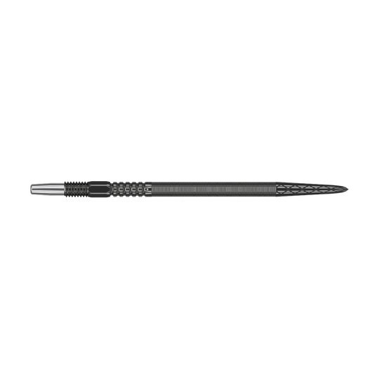 Das Bild zeigt eine schwarze Dartspitze mit strukturierter Oberfläche. Sie ist lang und schmal mit einem metallischen Ansatz am Ende.