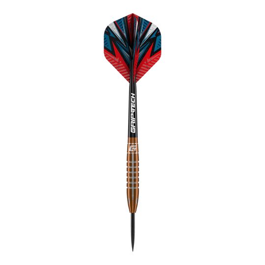 Lotki GOAT Quarterback V2 ze stali wolframowej - 24 g Dies ist ein GOAT Quarterback V2 Tungsten Steeldart mit 24g Gewicht. Er hat eine farbenfrohe Flight-Grafik und einen geriffelten, bronzefarbenen Barrel.
