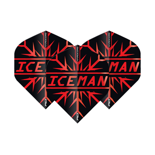 TF6872_Red_Dragon_Hardcore_Gerwyn_Price_Red_Premium_Standard_Flights_1sJxbXKHalcv1a Das Bild zeigt drei Dart-Flights in Schwarz mit roten Mustern und der Aufschrift „ICEMAN“. Oben steht „Hardcore“ und unten rechts ist das "RD"-Logo zu sehen.