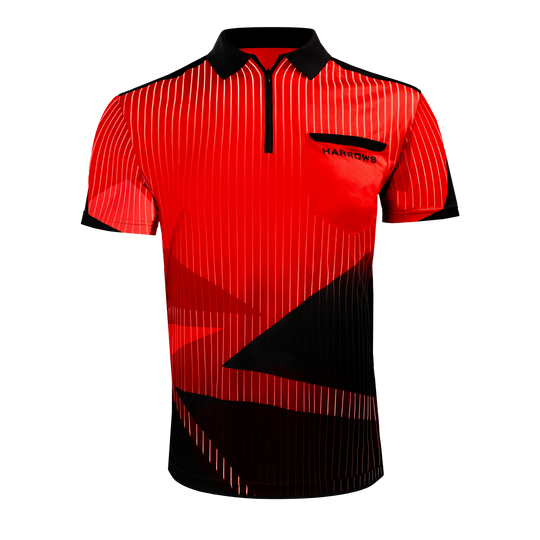 Harrows Shard Dartshirt - Rot Das Bild zeigt das Harrows Shard Dartshirt in Rot. Das Shirt hat ein modernes Design mit schwarzen und weißen Streifen sowie einem schwarzen Kragen.