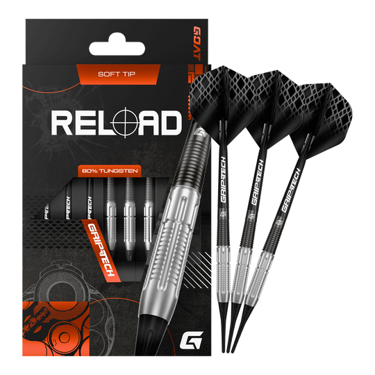 Zu sehen sind die GOAT Reload Softdarts - 20g in kompletter Ausführung. Diese Softdarts bieten durchdachte Qualität für ambitionierte Dartspieler.
