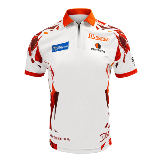 Hier sieht man das Harrows Damon Heta Playershirt. Das Shirt ist für Dartspieler gemacht.