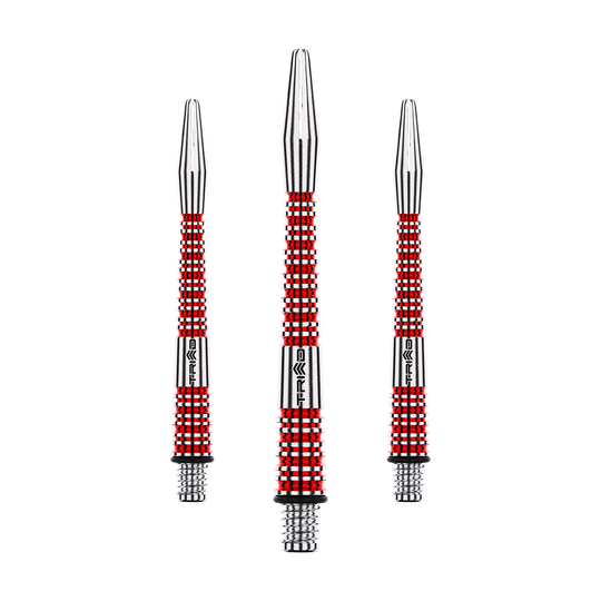 Winmau Triad RX Aluminium Shafts - Rot Das Bild zeigt drei Aluminium Dartschäfte in Silber und Rot. Sie haben ein geriffeltes Design und sind unterschiedlich lang angeordnet.