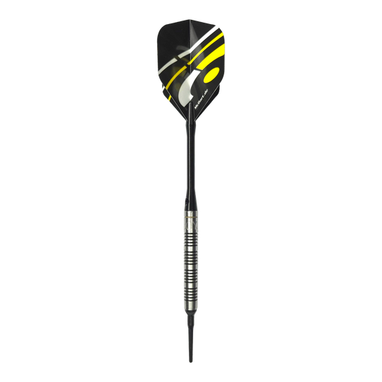Softdarts McDart 85 Tungsten V17 - 16,5g Das Bild zeigt den McDart 85er Tungsten V17 Softdart mit einem Gewicht von 16,5g. Der Dart hat ein modernes Design mit schwarzen und gelben Akzenten auf den Flights.