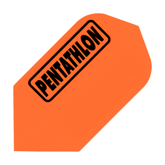 P-67-Pentathlon-Flights-P67 Das Bild zeigt ein orangefarbenes Dartflight mit der Aufschrift "PENTATHLON". Es handelt sich um das Produkt "Pentathlon Flights P67".