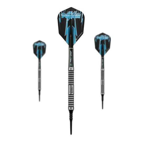 Celuj w miękkie rzutki Phil Taylor Power 8zero Das Bild zeigt drei Softdarts der Marke "Target Phil Taylor Power 8zero". Die Darts haben schwarze Flights mit blauen Blitzen und silberne Griffe.