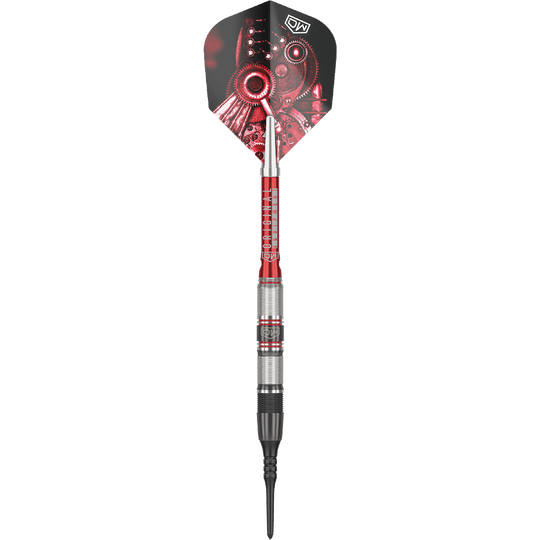 DW Piranha Razor 02 Softdarts Das Bild zeigt den Softdart "DW Piranha Razor 02". Der Dart hat ein silber-rotes Barrel und auffällige Flights mit einem Zahnrad-Design.