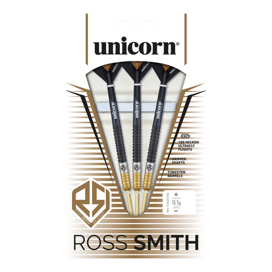 Unicorn Ross Smith Dwukolorowe stalowe lotki Das Bild zeigt die Unicorn Ross Smith Two-Tone Steeldarts in ihrer Verpackung. Die Verpackung hebt die Eigenschaften wie Gripper Shafts, 100 Micron Ultrafly Flights und Tungsten Barrels hervor.