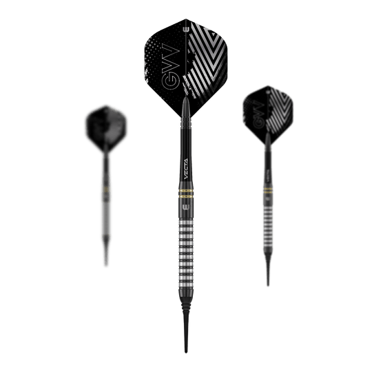 Miękkie rzutki Winmau Gian Van Veen TS - 18g Das Foto zeigt ein Set der Winmau Gian Van Veen TS Softdarts 18g. Alle Darts liegen nebeneinander auf einer ebenen Fläche.