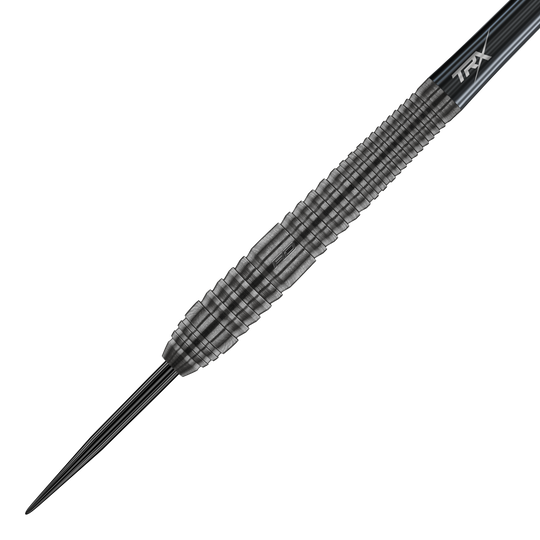 Dies ist ein Bild des Produkts „Red Dragon Seren 2 Onyx Steeldarts“. Der Dartpfeil hat ein dunkles, geriffeltes Design mit einer spitzen Stahlspitze.