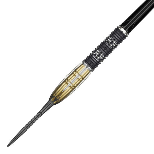 Das Bild zeigt den Target Japan Pyro GEN11 Swiss Point Steeldart mit einem Gewicht von 22g. Der Dart ist schwarz-gold gefärbt und hat ein auffälliges Flammen-Design am vorderen Teil.