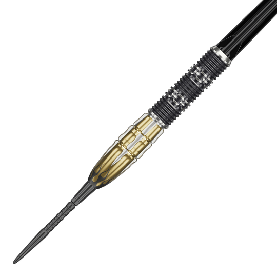 Lotki stalowe Target Japan Pyro GEN11 Swiss Point - 22 g Das Bild zeigt den Target Japan Pyro GEN11 Swiss Point Steeldart mit einem Gewicht von 22g. Der Dart ist schwarz-gold gefärbt und hat ein auffälliges Flammen-Design am vorderen Teil.