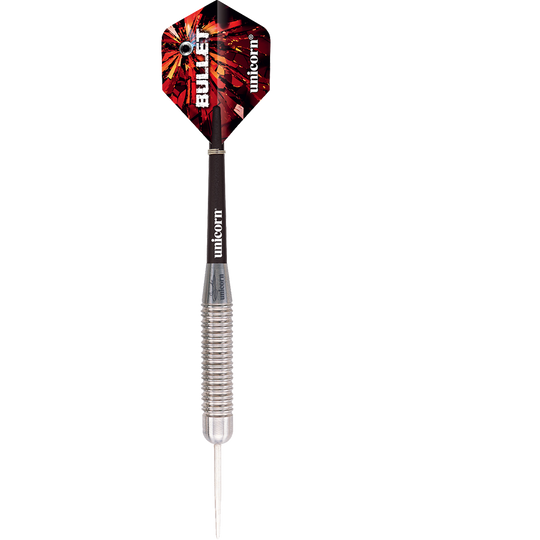Das Bild zeigt einen Unicorn Bullet Gary Anderson Steeldart mit einem Gewicht von 22 Gramm. Der Dart hat eine metallische Spitze, einen geriffelten Griff und bunte Flights.