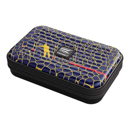 Etui na lotki Target Takoma Josh Rock XL Das Bild zeigt das Produkt "Target Takoma Josh Rock XL Dartcase". Das Dartcase hat ein blaues Design mit gelben Linien und einem roten Streifen sowie ein zentrales "Target"-Logo.