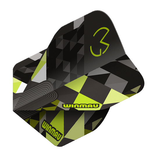 Winmau Prism Delta MvG Logo Green No2 Standard Flights Das Bild stellt Winmau Prism Delta MvG Logo Green No2 Standard Flights dar. Grüne Dart-Flights mit einem markanten Logo sind abgebildet.