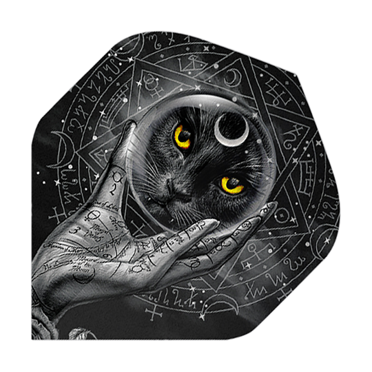 Alchemia Grimalkins Glass No2 Standard Flights Das Bild zeigt eine schwarze Katze mit leuchtend gelben Augen in einer Glaskugel, die von einer mit Symbolen verzierten Hand gehalten wird. Im Hintergrund sind mystische Zeichen und Symbole zu sehen.