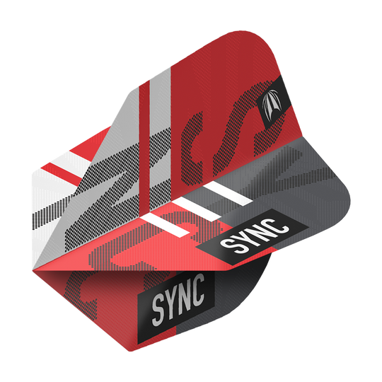 TG98_336480_Target_ProUltra_Sync_No6_Flights_2ZrY5HzSm9Roie Das Bild zeigt das Produkt „Target ProUltra Sync No6 Flights“. Die Flights sind überwiegend rot, grau und schwarz gestaltet und tragen den Schriftzug „SYNC“.