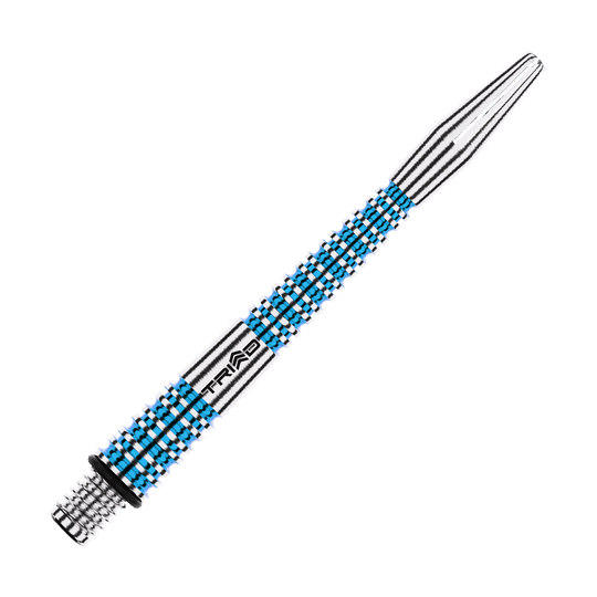 Winmau Triad RX Aluminium Shafts - Blau Das Bild zeigt einen blauen und silbernen Aluminium-Dartshaft mit dem Schriftzug "TRIAD". Der Schaft hat eine gerändelte Oberfläche für besseren Halt und ist 46 mm lang.