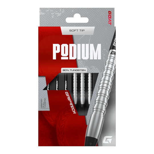 Miękkie lotki GOAT Podium Silver - 18g Das Foto zeigt die GOAT Podium Silver Softdarts mit 18g Gewicht. Diese silbernen Softdarts eignen sich ideal für Dartspieler.