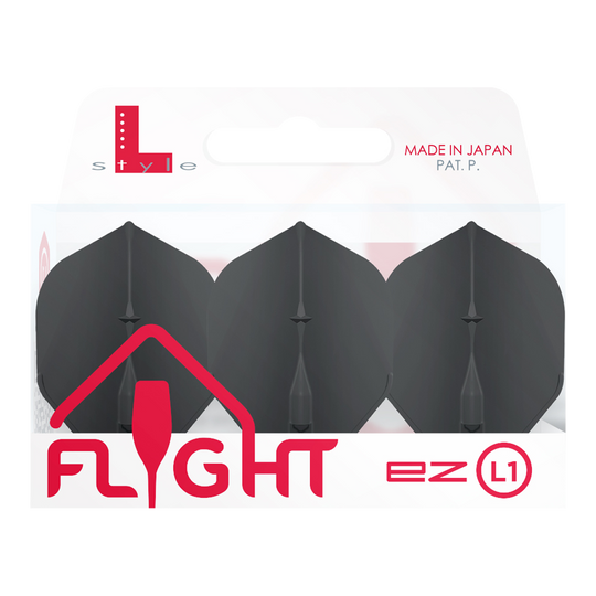 Szampan w stylu L L1EZ Standardowe loty Die Abbildung zeigt eine Packung mit L-Style Champagne L1EZ Standard Flights. In der Verpackung befinden sich drei schwarze Dartflights.
