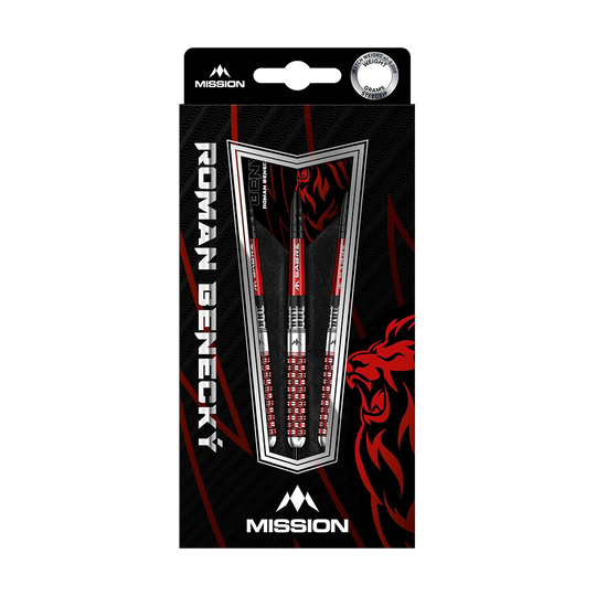 Auf dem Bild ist eine Packung der "Mission Roman Benecky Black Red Steeldarts - 24g" zu sehen. Die Verpackung ist schwarz mit roten Elementen und zeigt drei Steeldarts im Inneren.