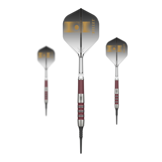 Target Stephen Bunting 95K Miękkie lotki - 19g Auf dem Bild sind drei Softdarts des Modells „Target Stephen Bunting 95K“ mit einem Gewicht von 19g zu sehen. Die Darts haben schwarze Flights mit goldener Aufschrift und silber-rote Griffe.