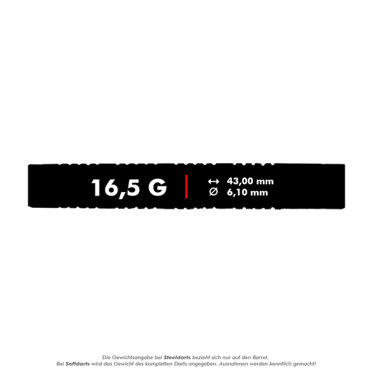 Softdarts McDart 85 Tungsten V17 - 16,5g Das Bild zeigt die technischen Daten des Produkts "McDart 85er Tungsten V17 Softdarts - 16,5g". Der Dart wiegt 16,5 Gramm, ist 43,00 mm lang und hat einen Durchmesser von 6,10 mm.