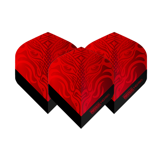 Pentathlon HD150 Metallic Red Standard Flights Das Bild zeigt drei rote Dart-Flights mit einem auffälligen, metallischen Muster. Auf den Flights steht "Pentathlon HD150" in schwarzer Schrift.