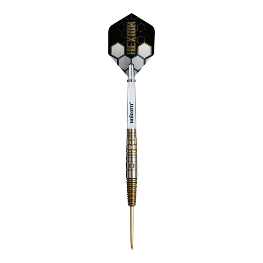 Unicorn Hexium Style 03 Gold & Black Steeldarts Unicorn Hexium Style 03 Gold & Black Steeldarts werden in dieser Abbildung dargestellt. Die besondere Gold-Schwarz-Optik hebt die Darts hervor.