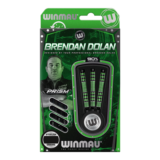 Stalowe lotki Winmau Brendan Dolan Die Abbildung zeigt eine Verpackung der Winmau Brendan Dolan Steeldarts. In der Packung sind drei Darts mit schwarzem und grünem Design zu sehen.