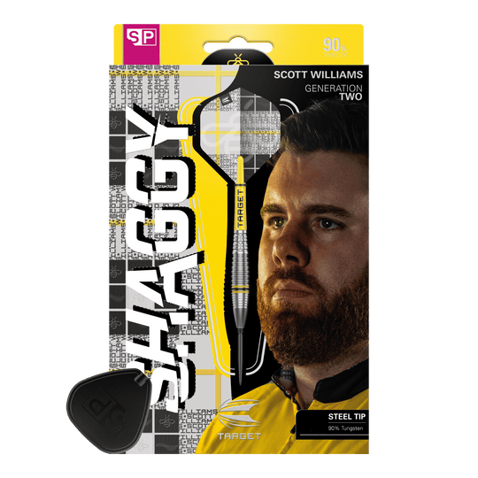 Stalowe lotki Target Scott Williams GEN2 Swiss Point Das Bild zeigt die Verpackung der Target Scott Williams GEN2 Swiss Point Steeldarts. Auf der Verpackung ist ein Porträt von Scott Williams und ein einzelner Dart mit Stahlspitze abgebildet.