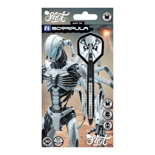 Das Bild zeigt die Shot AI Scorpula Softdarts mit einem Gewicht von 20g. Die Darts sind detailliert und für das Softdart-Spiel konzipiert.