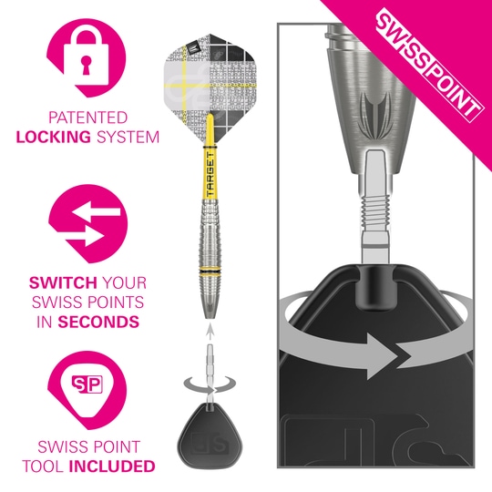 Stalowe lotki Target Scott Williams GEN2 Swiss Point Das Bild zeigt die Target Scott Williams GEN2 Swiss Point Steeldarts mit einem speziellen Wechselsystem. Die Punkte lassen sich dank des patentierten Verschlusssystems einfach und schnell austauschen, ein Werkzeug ist enthalten.