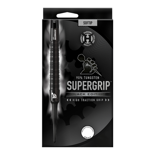 Miękkie lotki Harrows Supergrip Black Edition Das Bild zeigt die Verpackung der "Harrows Supergrip Black-Edition Softdarts". Die Darts bestehen zu 90 % aus Tungsten und haben eine hohe Griffigkeit.