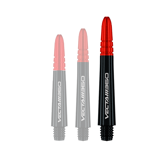 Dargestellt ist ein einzelner Winmau Vecta Blade360 Shaft in Schwarz mit 40 mm Länge. Die Aufnahme ist vor hellem Hintergrund gemacht.