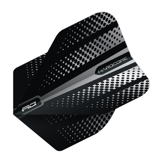 TF6507_Red_Dragon_Hardcore_Radical_Black_Flash_Standard_Flights_2 Das Bild zeigt ein schwarzes Dart-Flight mit silbernen und grauen Punktmustern. Auf dem Flight stehen die Wörter "HARDCORE" und "RD".