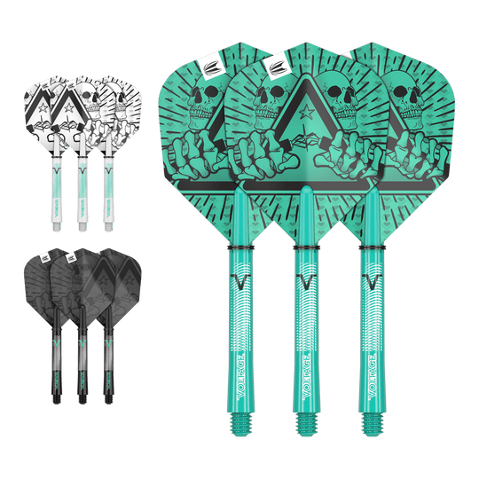 Zestaw wałów lotniczych Target Ink Rob Cross Das Bild zeigt drei Sätze von Dartflights und -schäften in unterschiedlichen Farben und Designs. Die größten Flights haben ein auffälliges grünes Motiv mit einem Totenkopf und einer Hand.
