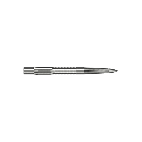 Stalowe końcówki do lotek Caliburn System - Micro Grip - srebrne Das Bild zeigt eine silberne Steeldartspitze mit feinem Mikrorillen-Grip. Die Spitze ist gerade und hat eine Länge von 28 mm.
