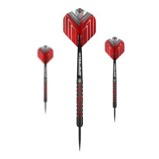 Das Bild präsentiert ein Set der GOAT Podium Black Steeldarts. Das Set besteht aus mehreren hochwertigen Steeldarts.
