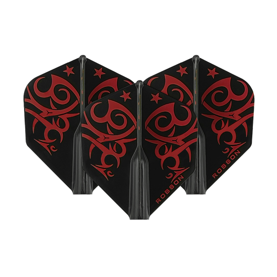Das Bild zeigt drei schwarze Dart-Flights mit roten, tribalähnlichen Mustern. Auf den Flights steht der Name "Robson" in roten Buchstaben.
