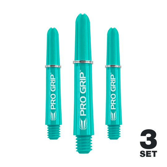 Uchwyty Target Pro Grip - 3 zestawy - Aqua Auf dem Bild sind drei aqua-blaue Pro Grip Shafts für Darts zu sehen. In der rechten unteren Ecke steht "3 SET".