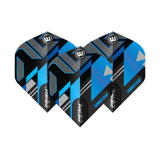 Das Bild zeigt drei Winmau Prism Delta Galactics No2 Standard Flights. Die Flights haben ein modernes Design in Schwarz, Blau und Silber mit geometrischen Mustern.