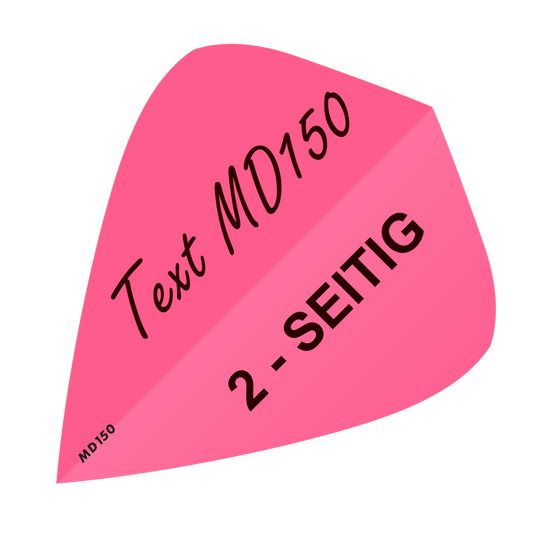 Das Bild zeigt einen pinken Dartflight in Kite-Form mit schwarzem Aufdruck. Darauf steht "Text MD150" und "2-SEITIG".