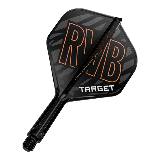 Target K-Flex Raymond Van Barneveld No2 Standardowy system wału napędowego Das Bild zeigt einen schwarzen Dartflight mit der Aufschrift "RVB" in orange. Darunter steht das Wort "TARGET" in weißen Buchstaben.