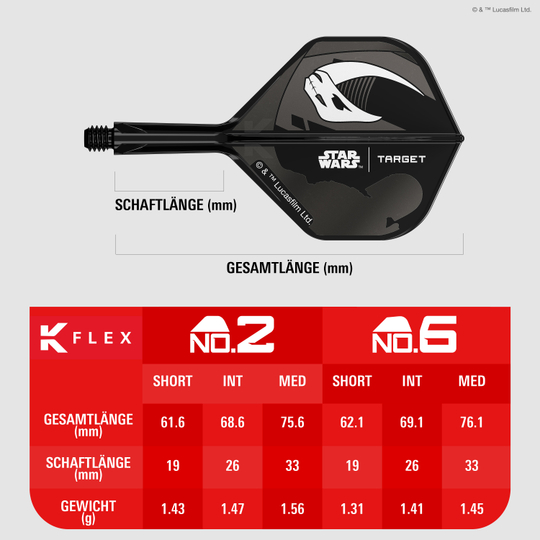 Zestaw Target Star Wars K-Flex Mandalorian No6 Flights Abgebildet ist das Target Star Wars K-Flex-Set Mandalorian No2 Standard Flights. Die Flights zeigen ein Design im Stil von Mandalorian aus Star Wars.