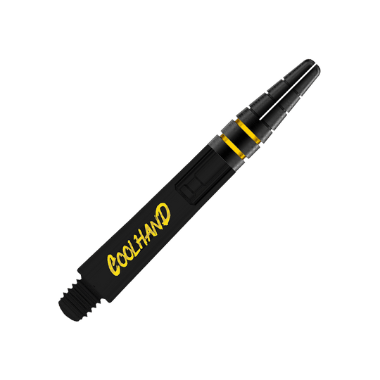 Red Dragon Nitrotech Luke Humphries Coolhand Shafts - Czarny Das Bild zeigt einen schwarzen Dart-Schaft mit gelben Akzenten. Auf dem Schaft steht das Wort "COOLHAND" in gelber Schrift.