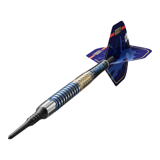 Target Josh Rock GEN1 Miękkie lotki - 20g Das Bild zeigt einen Target Josh Rock GEN1 Softdart mit einem Gewicht von 20g. Der Dart hat ein modernes, blau-silbernes Design mit auffälligen Flügeln.