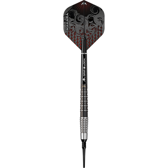 Das Bild zeigt einen Mission Makara M2 Softdart mit einem Gewicht von 20g. Der Dart hat ein auffälliges Flight-Design in Schwarz und Rot sowie eine geriffelte silber-schwarze Griffzone.