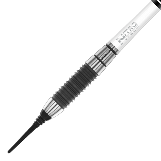 Das Bild zeigt einen Red Dragon Ikon 2 Softdart mit einem Gewicht von 20 Gramm. Der Dart hat ein silbernes und schwarzes Rillendesign mit einer schwarzen Softspitze.